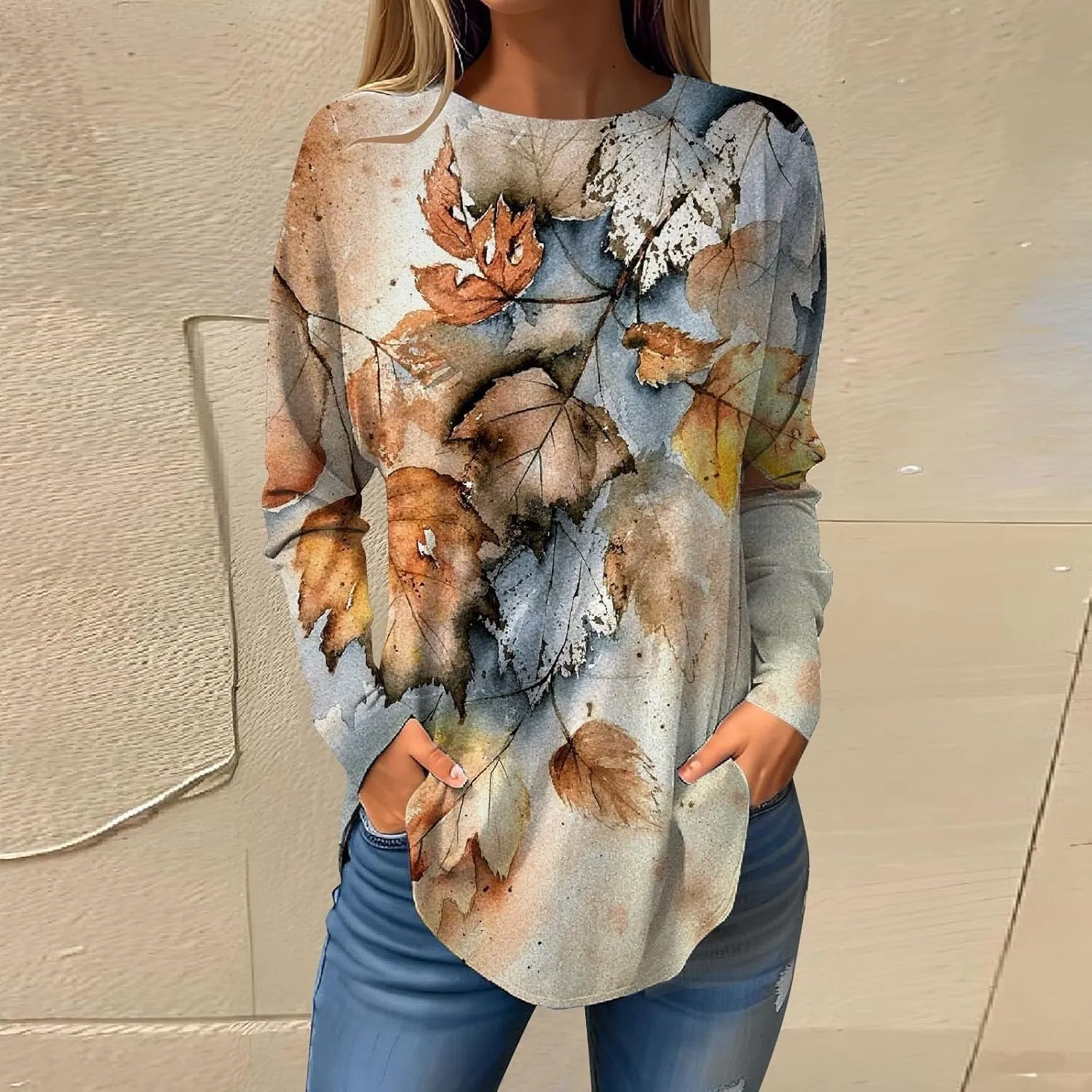 Women's Tunics Tops Casual Loose Fit Flowy Round Neck Fashion Basic Tees Shirts Long Sleeve Pullover Floral Blouse