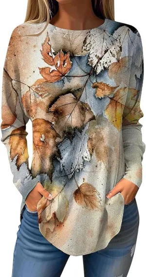 Women's Tunics Tops Casual Loose Fit Flowy Round Neck Fashion Basic Tees Shirts Long Sleeve Pullover Floral Blouse