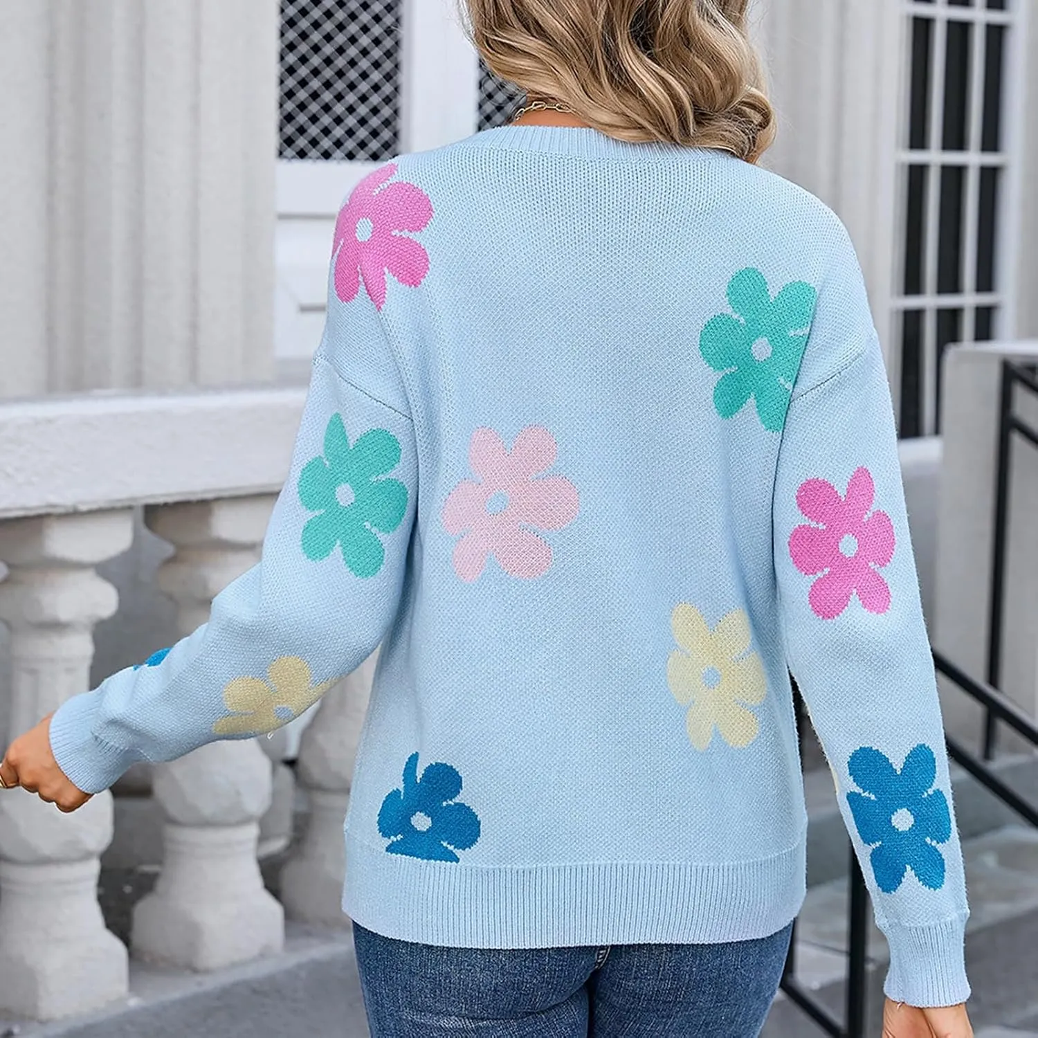 Women's Vintage Sweater Autumn Floral Printed Knitted Drop Shoulder Loose Tunics Casual Slouchy Crochet Sweater Tops