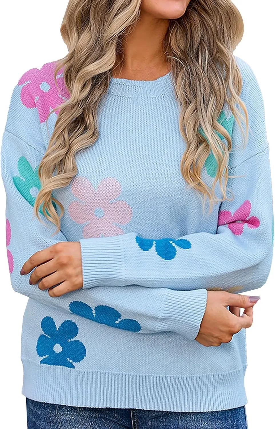 Women's Vintage Sweater Autumn Floral Printed Knitted Drop Shoulder Loose Tunics Casual Slouchy Crochet Sweater Tops