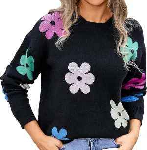 Women's Vintage Sweater Autumn Floral Printed Knitted Drop Shoulder Loose Tunics Casual Slouchy Crochet Sweater Tops