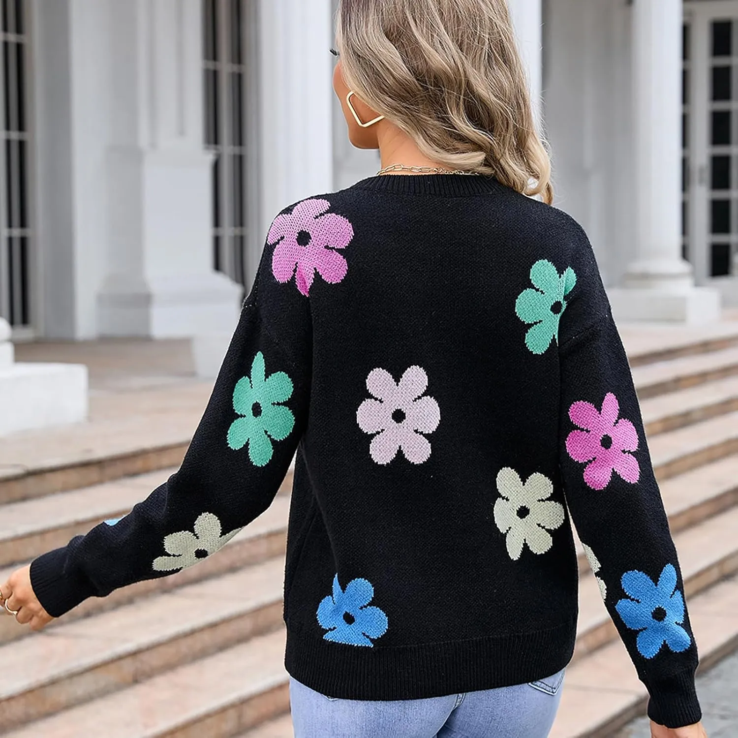 Women's Vintage Sweater Autumn Floral Printed Knitted Drop Shoulder Loose Tunics Casual Slouchy Crochet Sweater Tops