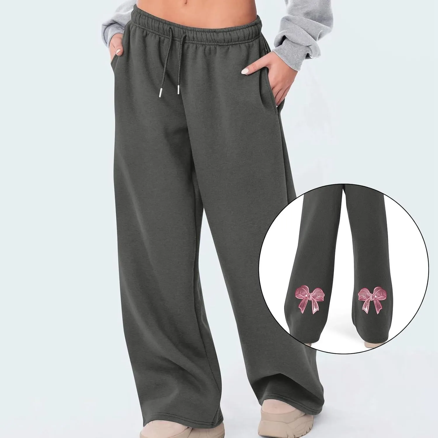 Women's Wide Leg Sweatpants Bow Tie Printed Trousers Baggy Straight Leg Lounge Pants Athletic Joggers with Pockets
