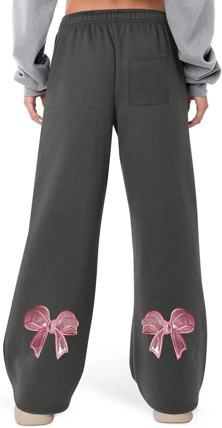 Women's Wide Leg Sweatpants Bow Tie Printed Trousers Baggy Straight Leg Lounge Pants Athletic Joggers with Pockets
