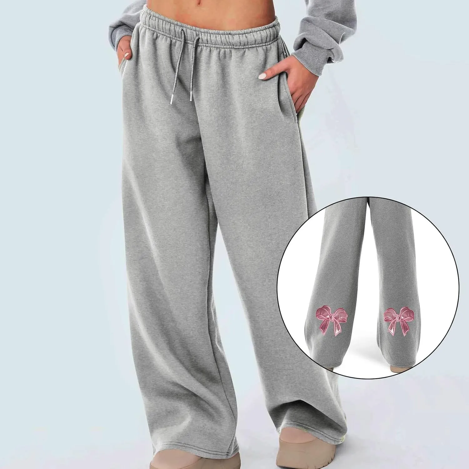 Women's Wide Leg Sweatpants Bow Tie Printed Trousers Baggy Straight Leg Lounge Pants Athletic Joggers with Pockets