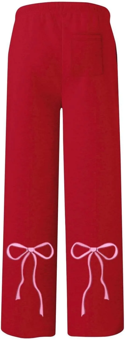 Women's Wide Leg Sweatpants Bow Tie Printed Trousers Baggy Straight Leg Lounge Pants Athletic Joggers with Pockets