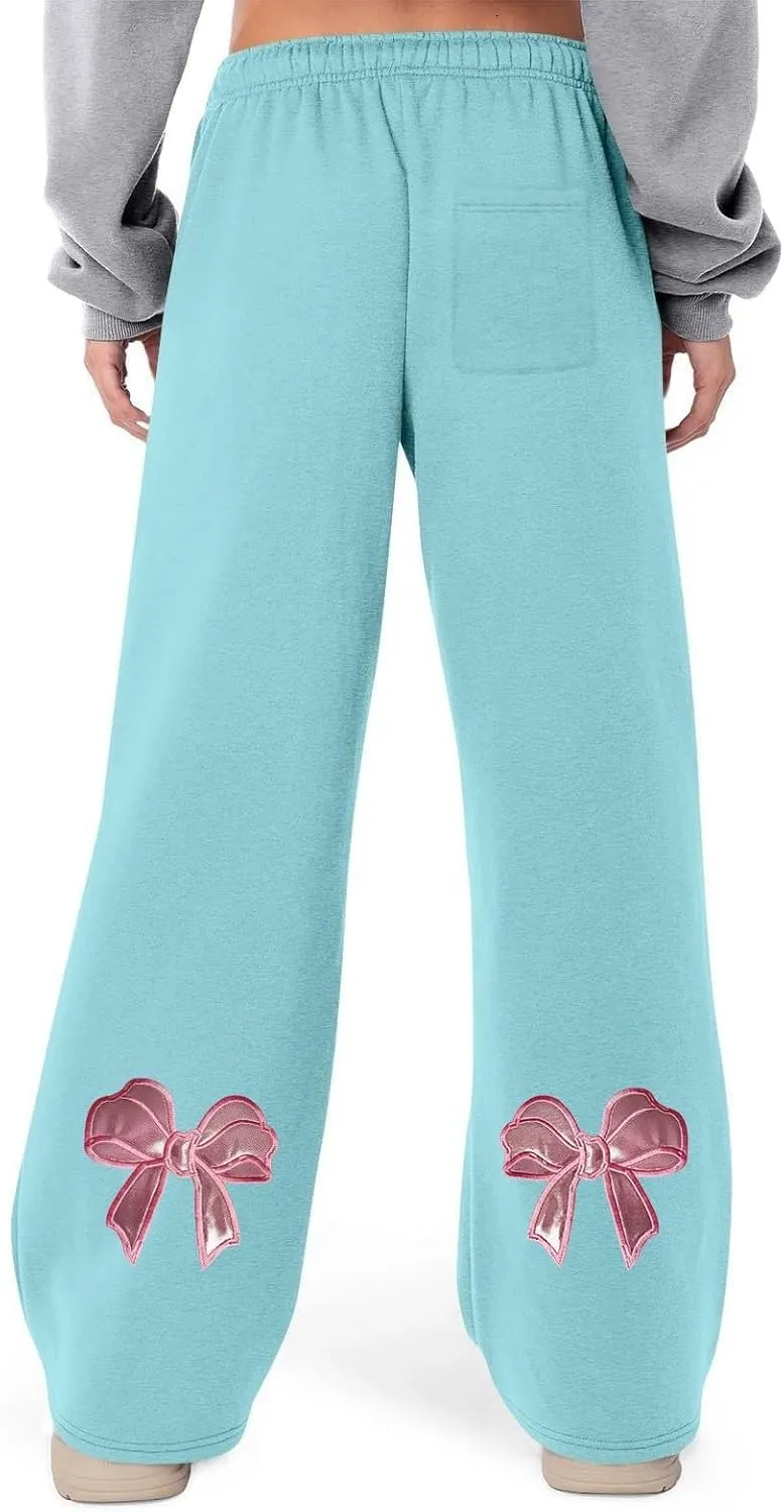 Women's Wide Leg Sweatpants Bow Tie Printed Trousers Baggy Straight Leg Lounge Pants Athletic Joggers with Pockets