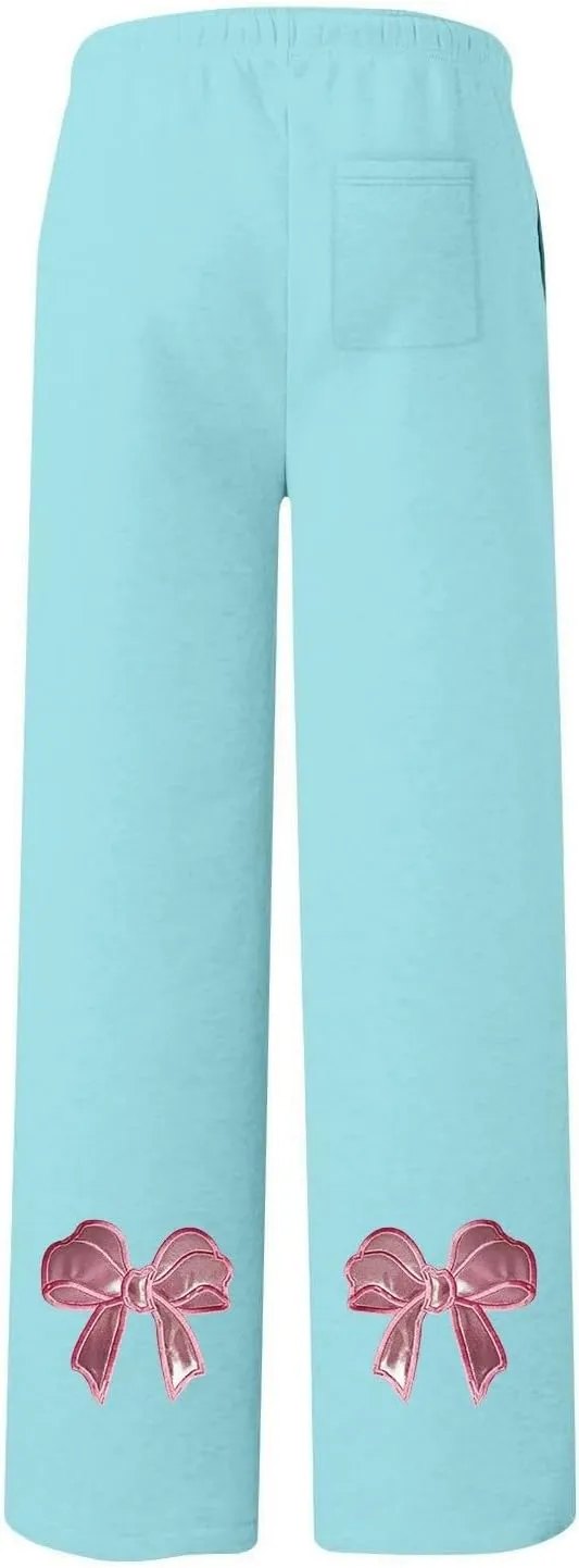 Women's Wide Leg Sweatpants Bow Tie Printed Trousers Baggy Straight Leg Lounge Pants Athletic Joggers with Pockets