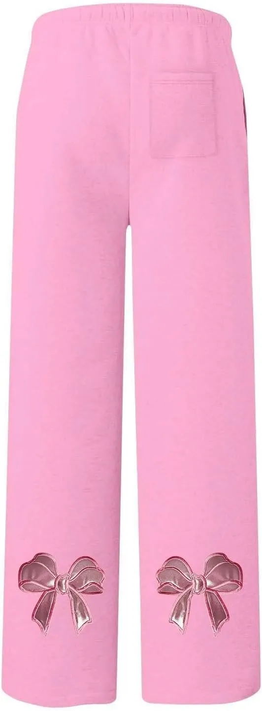 Women's Wide Leg Sweatpants Bow Tie Printed Trousers Baggy Straight Leg Lounge Pants Athletic Joggers with Pockets