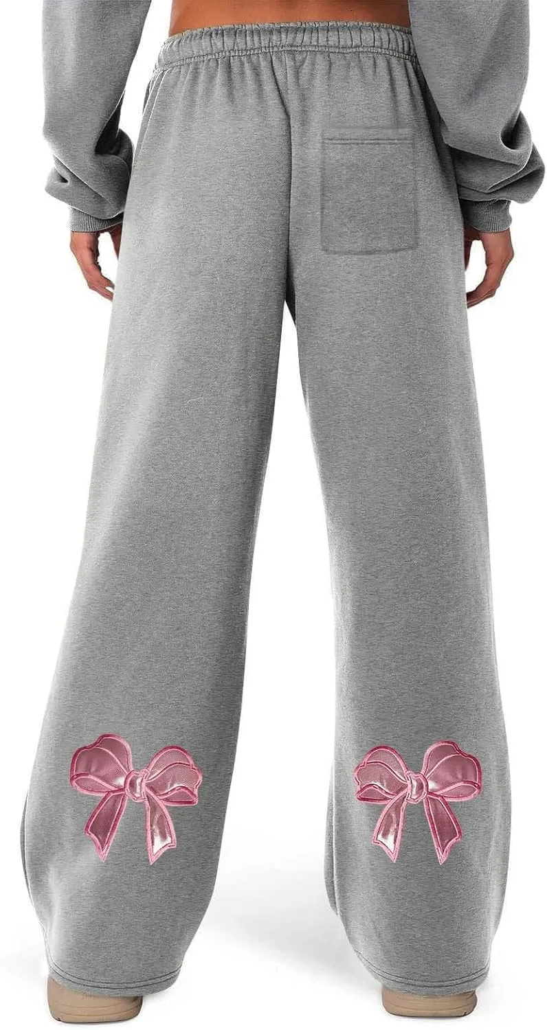 Women's Wide Leg Sweatpants Bow Tie Printed Trousers Baggy Straight Leg Lounge Pants Athletic Joggers with Pockets