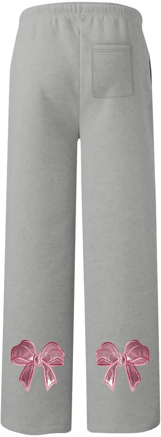 Women's Wide Leg Sweatpants Bow Tie Printed Trousers Baggy Straight Leg Lounge Pants Athletic Joggers with Pockets