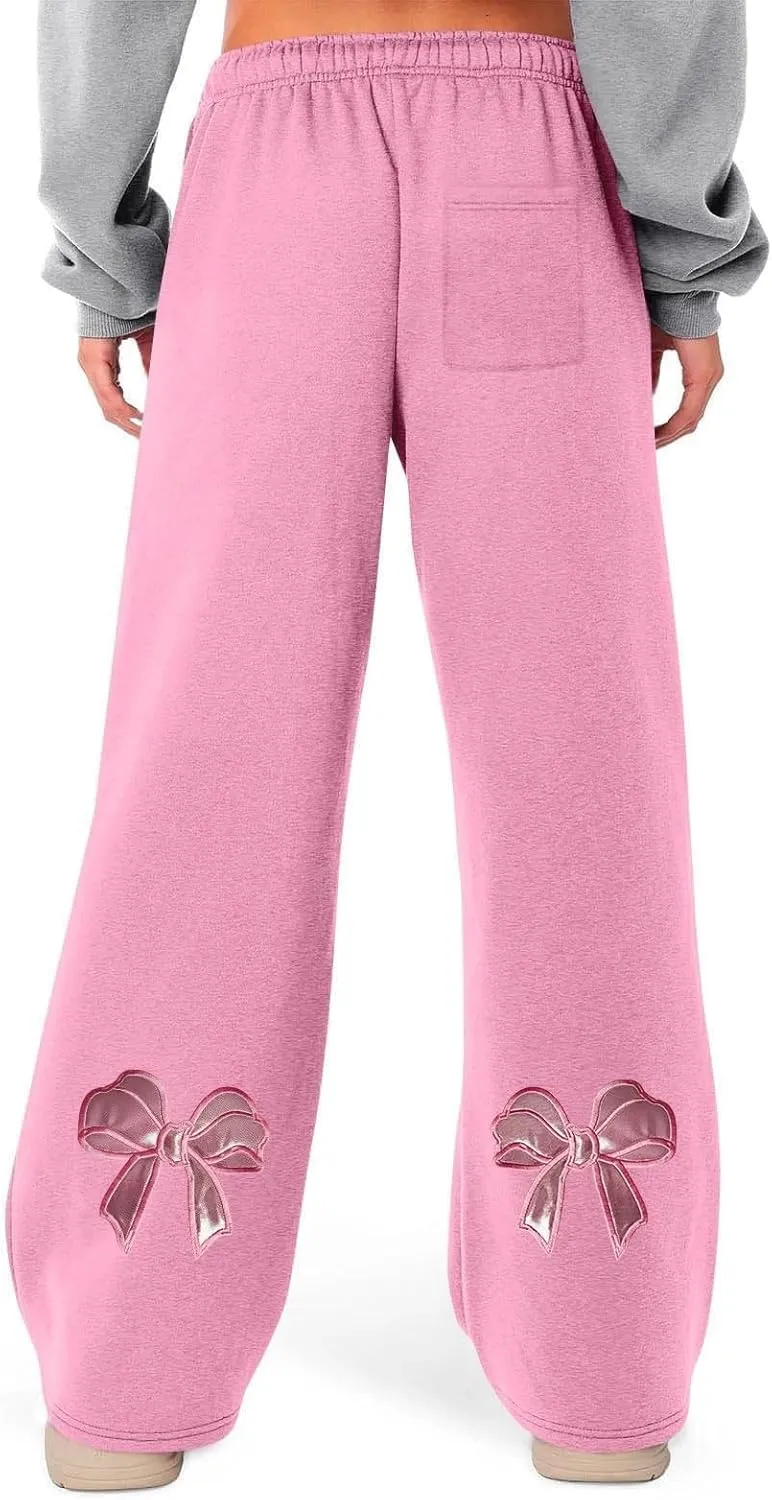Women's Wide Leg Sweatpants Bow Tie Printed Trousers Baggy Straight Leg Lounge Pants Athletic Joggers with Pockets