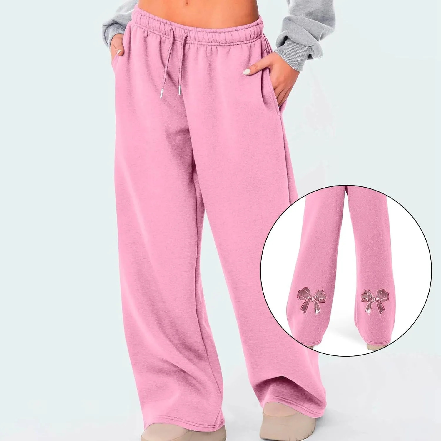 Women's Wide Leg Sweatpants Bow Tie Printed Trousers Baggy Straight Leg Lounge Pants Athletic Joggers with Pockets