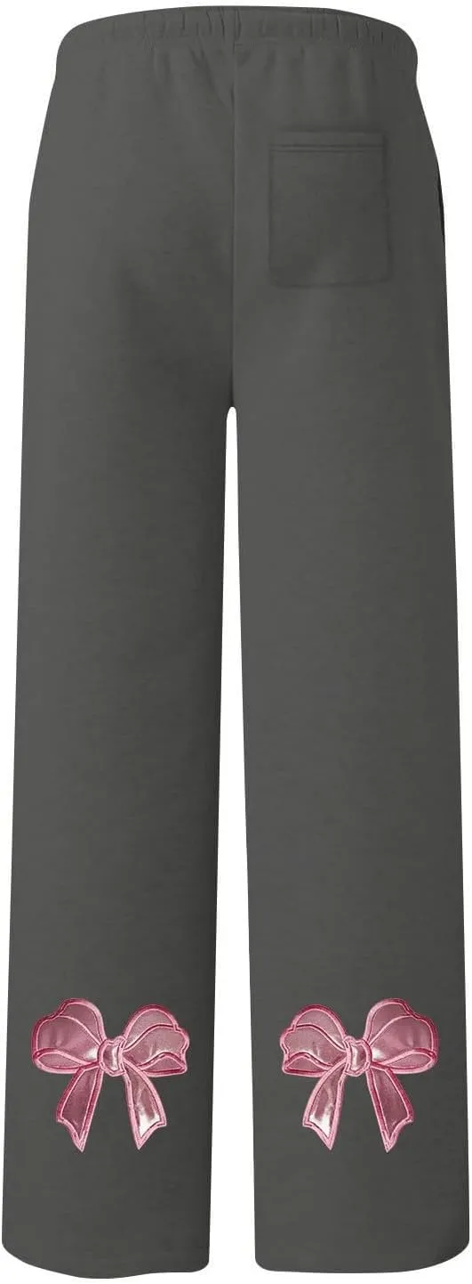 Women's Wide Leg Sweatpants Bow Tie Printed Trousers Baggy Straight Leg Lounge Pants Athletic Joggers with Pockets