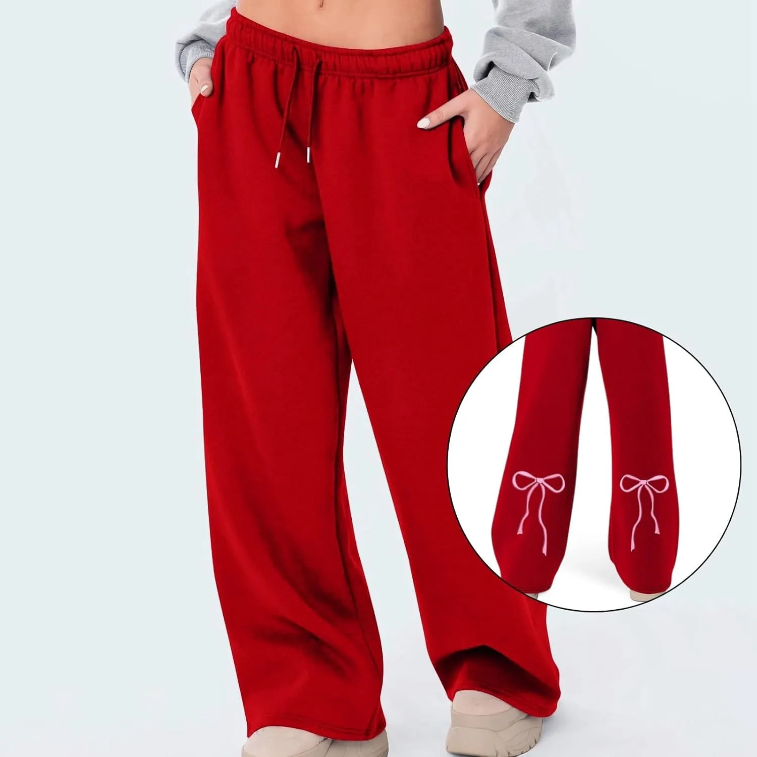 Women's Wide Leg Sweatpants Bow Tie Printed Trousers Baggy Straight Leg Lounge Pants Athletic Joggers with Pockets