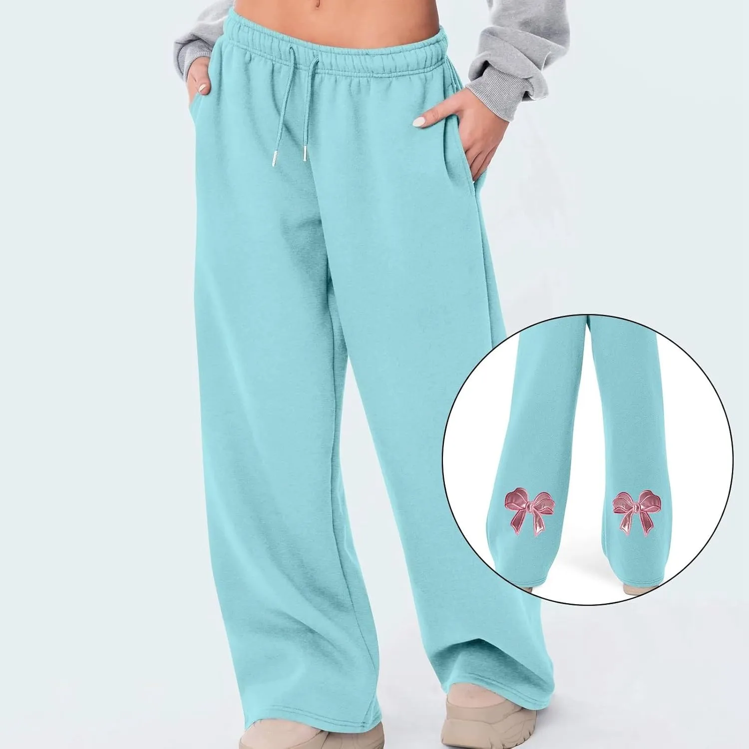 Women's Wide Leg Sweatpants Bow Tie Printed Trousers Baggy Straight Leg Lounge Pants Athletic Joggers with Pockets