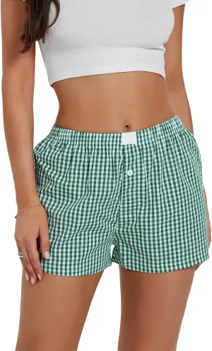Women's Y2K Lounge Shorts Cute Soft Elastic Low Waist Plaid Print Button Front Pajama Bottoms Boxer Shorts Sleepwear