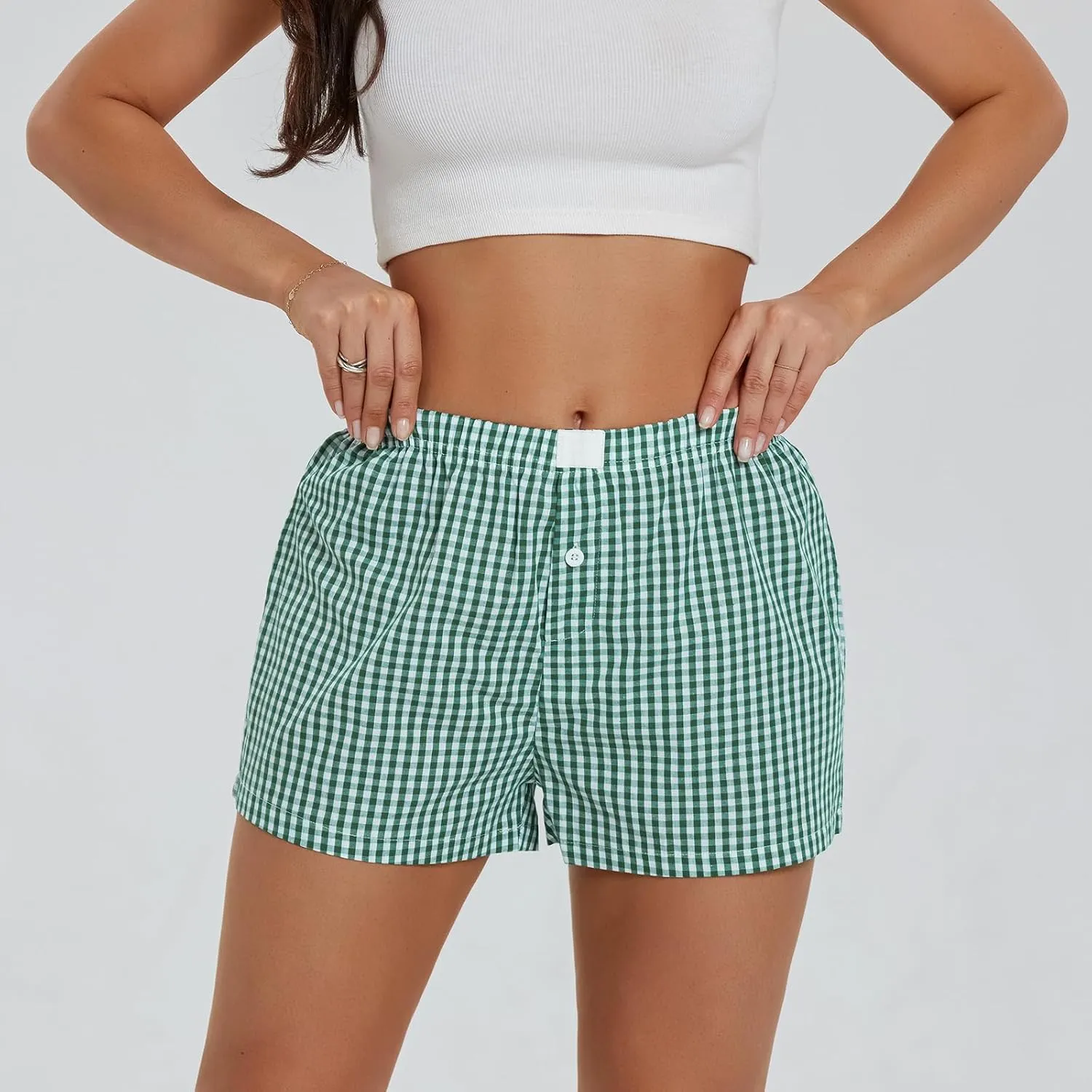 Women's Y2K Lounge Shorts Cute Soft Elastic Low Waist Plaid Print Button Front Pajama Bottoms Boxer Shorts Sleepwear