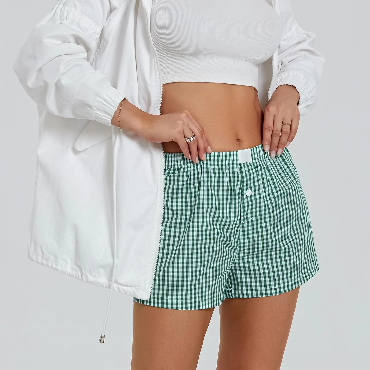Women's Y2K Lounge Shorts Cute Soft Elastic Low Waist Plaid Print Button Front Pajama Bottoms Boxer Shorts Sleepwear
