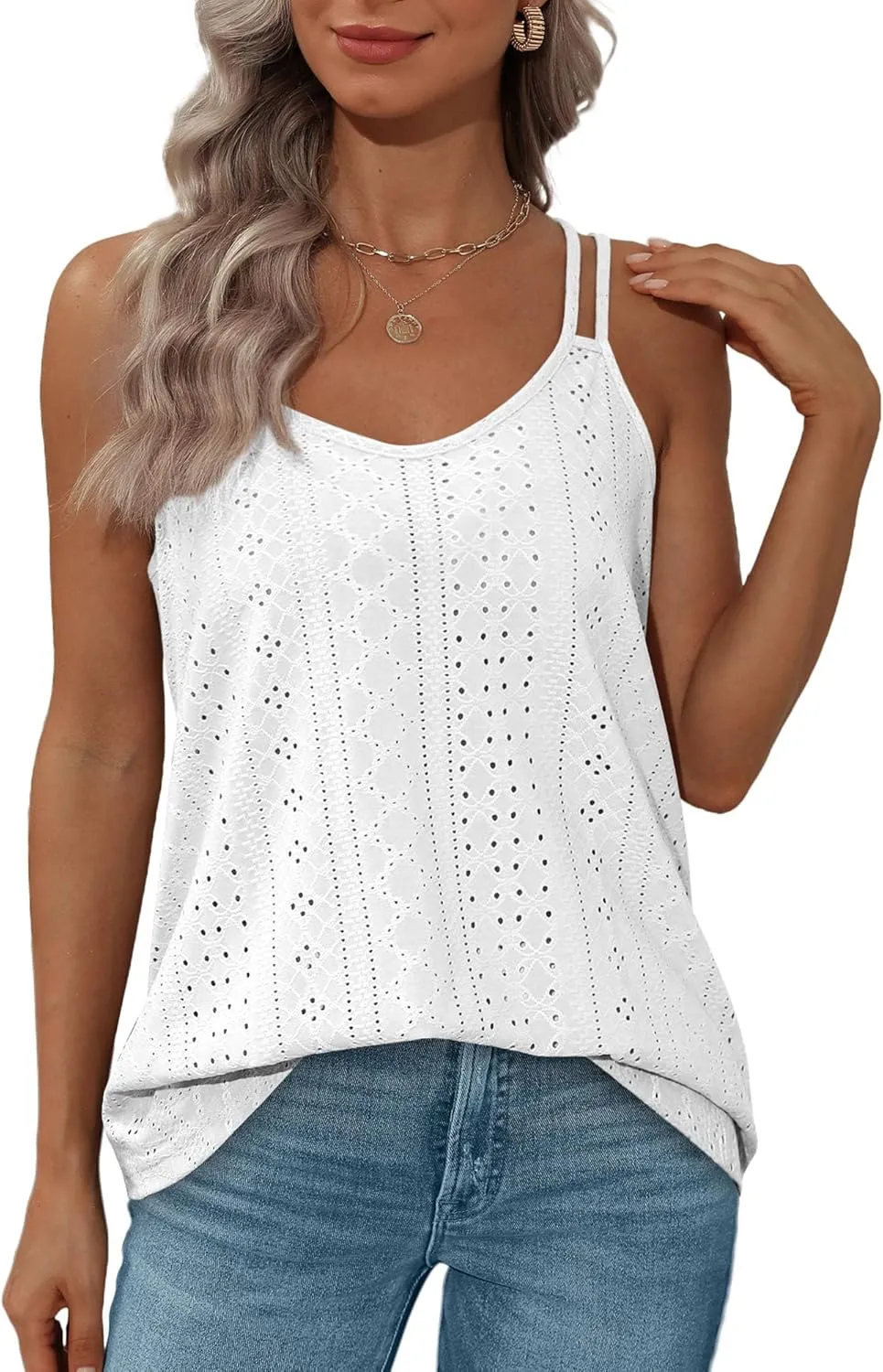 XIEERDUO Womens Tank Tops Spaghetti Strap Camisoles Eyelet Embroidery Scoop Neck Tops