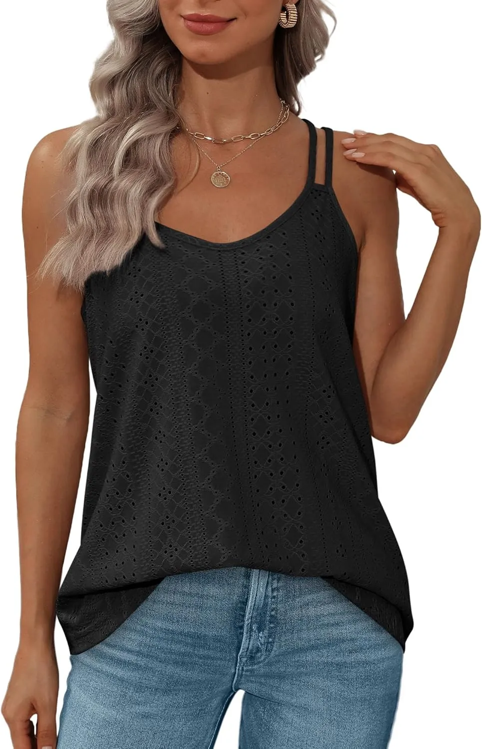 XIEERDUO Womens Tank Tops Spaghetti Strap Camisoles Eyelet Embroidery Scoop Neck Tops