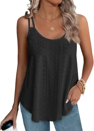 XIEERDUO Womens Tank Tops Spaghetti Strap Camisoles Eyelet Embroidery Scoop Neck Tops