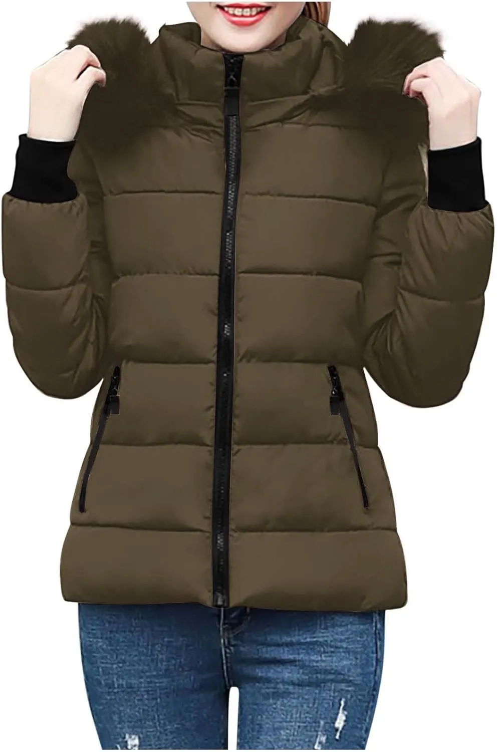 XUNRYAN Winter Jackets Women Puffer Jacket Quilted Short Down Coat Faux-Fur Hooded Anorak Thick Parka Warm Zip Up Outerwear