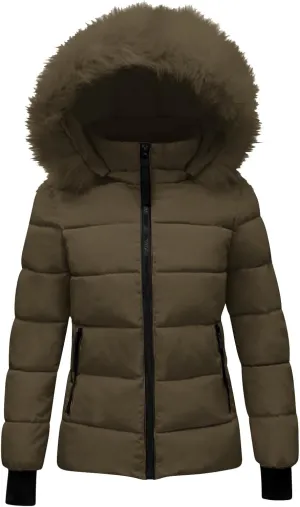 XUNRYAN Winter Jackets Women Puffer Jacket Quilted Short Down Coat Faux-Fur Hooded Anorak Thick Parka Warm Zip Up Outerwear