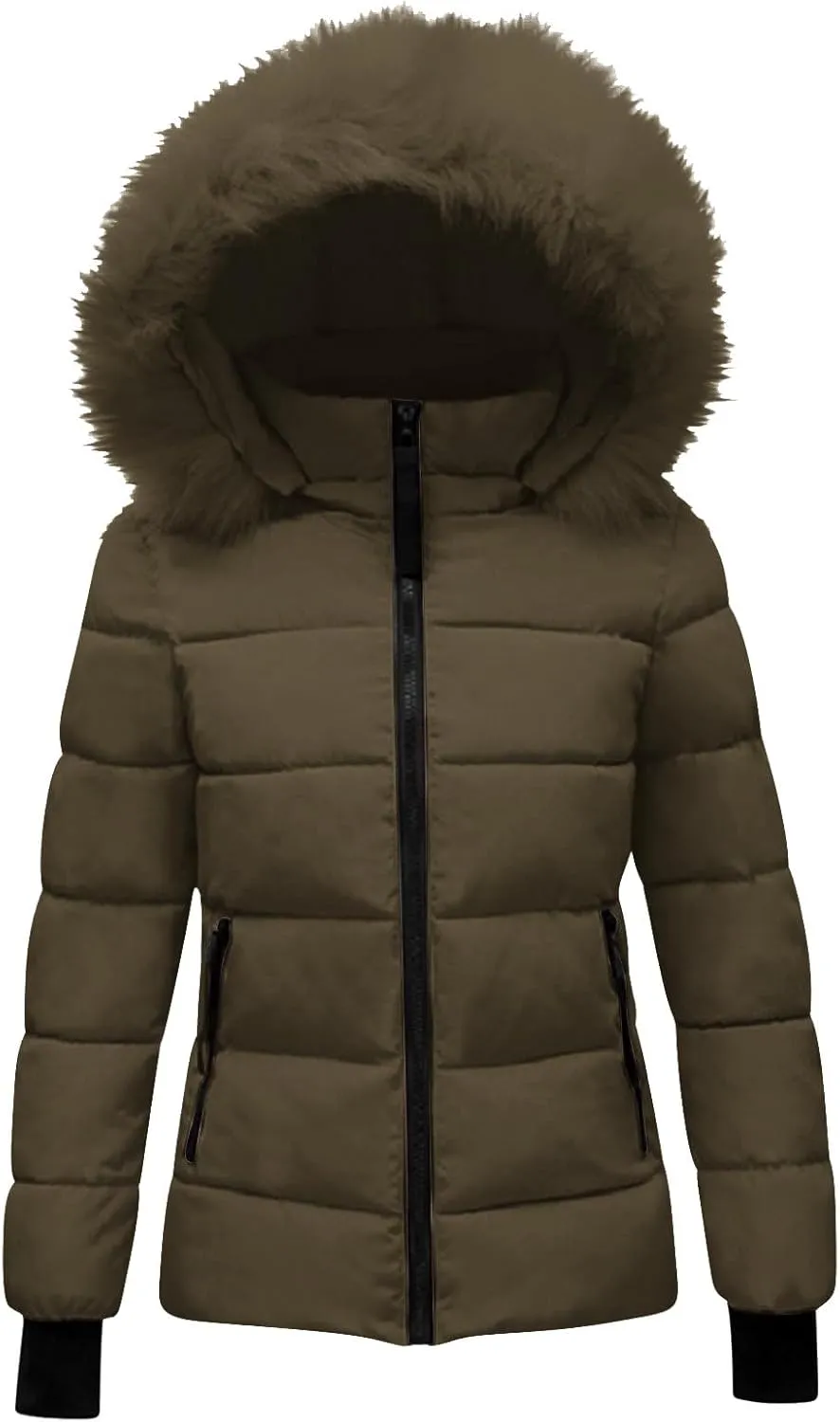 XUNRYAN Winter Jackets Women Puffer Jacket Quilted Short Down Coat Faux-Fur Hooded Anorak Thick Parka Warm Zip Up Outerwear