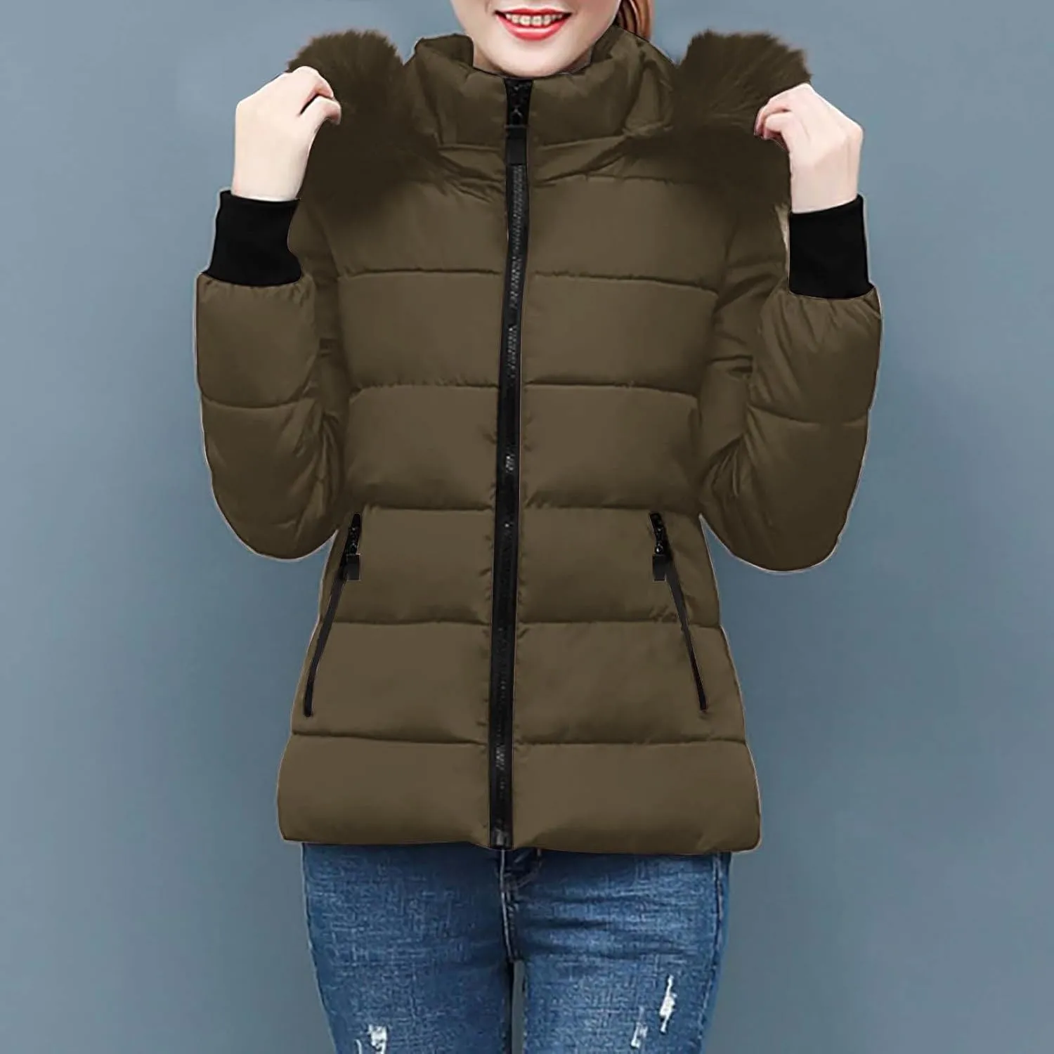 XUNRYAN Winter Jackets Women Puffer Jacket Quilted Short Down Coat Faux-Fur Hooded Anorak Thick Parka Warm Zip Up Outerwear