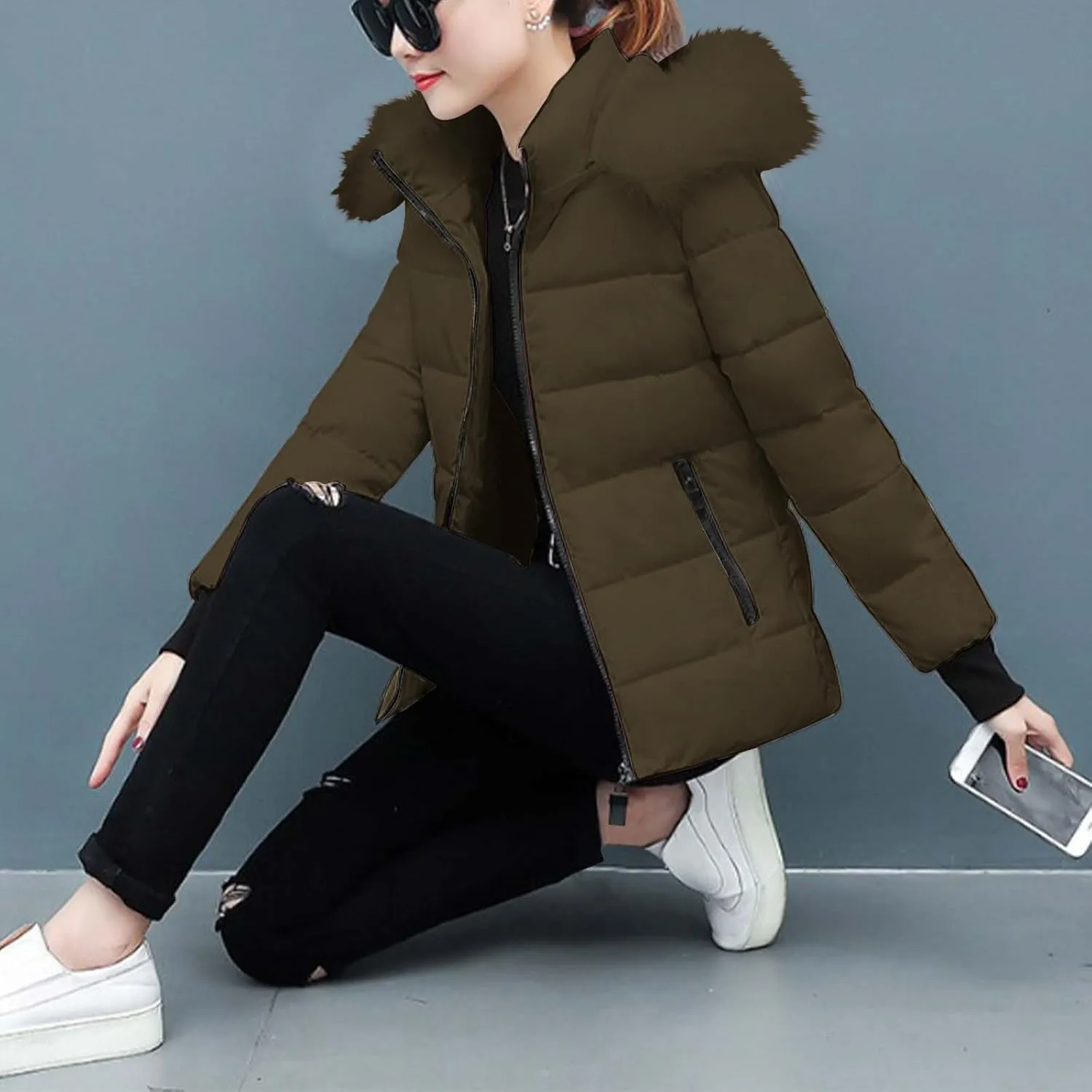 XUNRYAN Winter Jackets Women Puffer Jacket Quilted Short Down Coat Faux-Fur Hooded Anorak Thick Parka Warm Zip Up Outerwear
