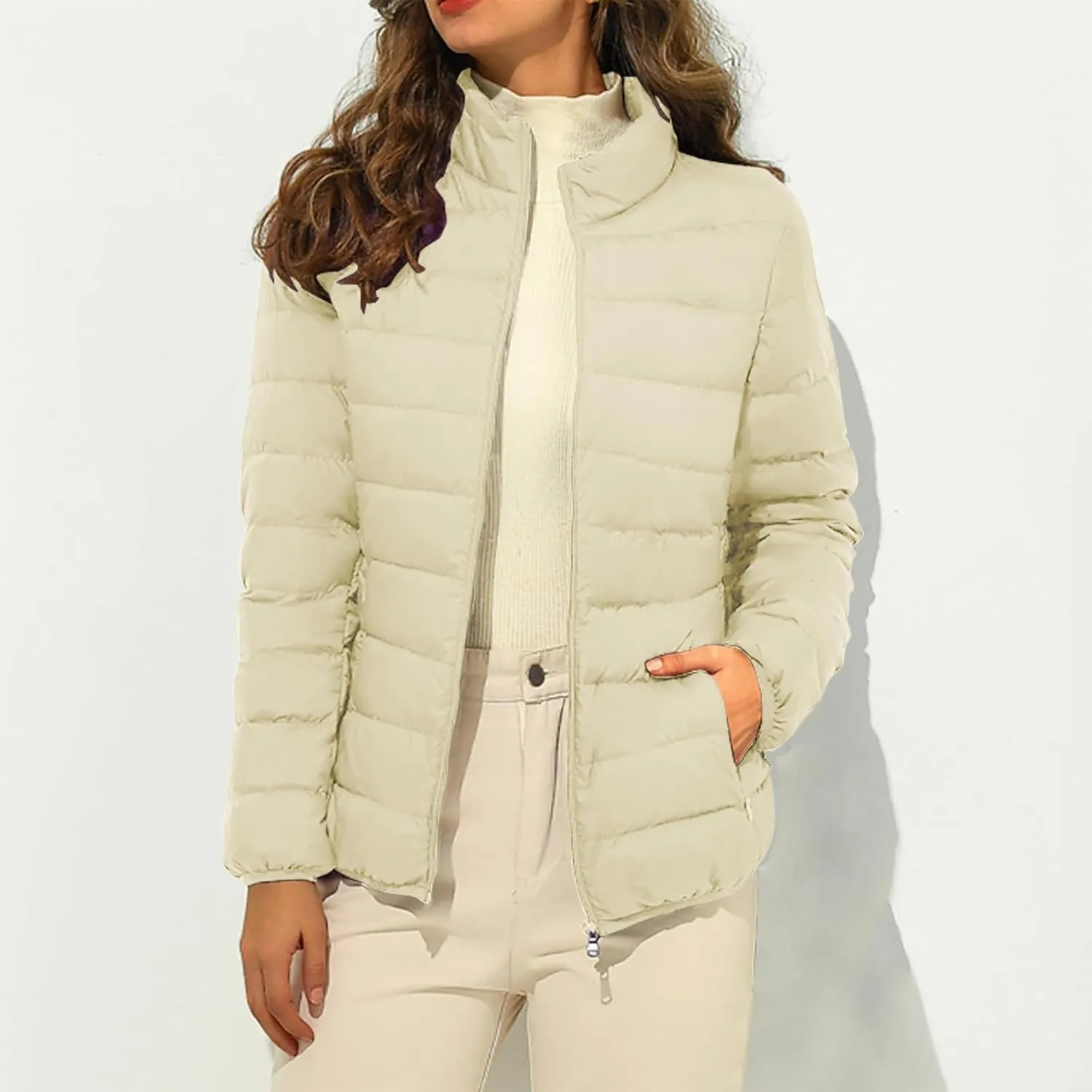 XUNRYAN Winter Jackets Womens Puffer Down Coat Long Sleeve Quilted Lightweight Jacket Casual Warm Outerwear Clothes Pockets