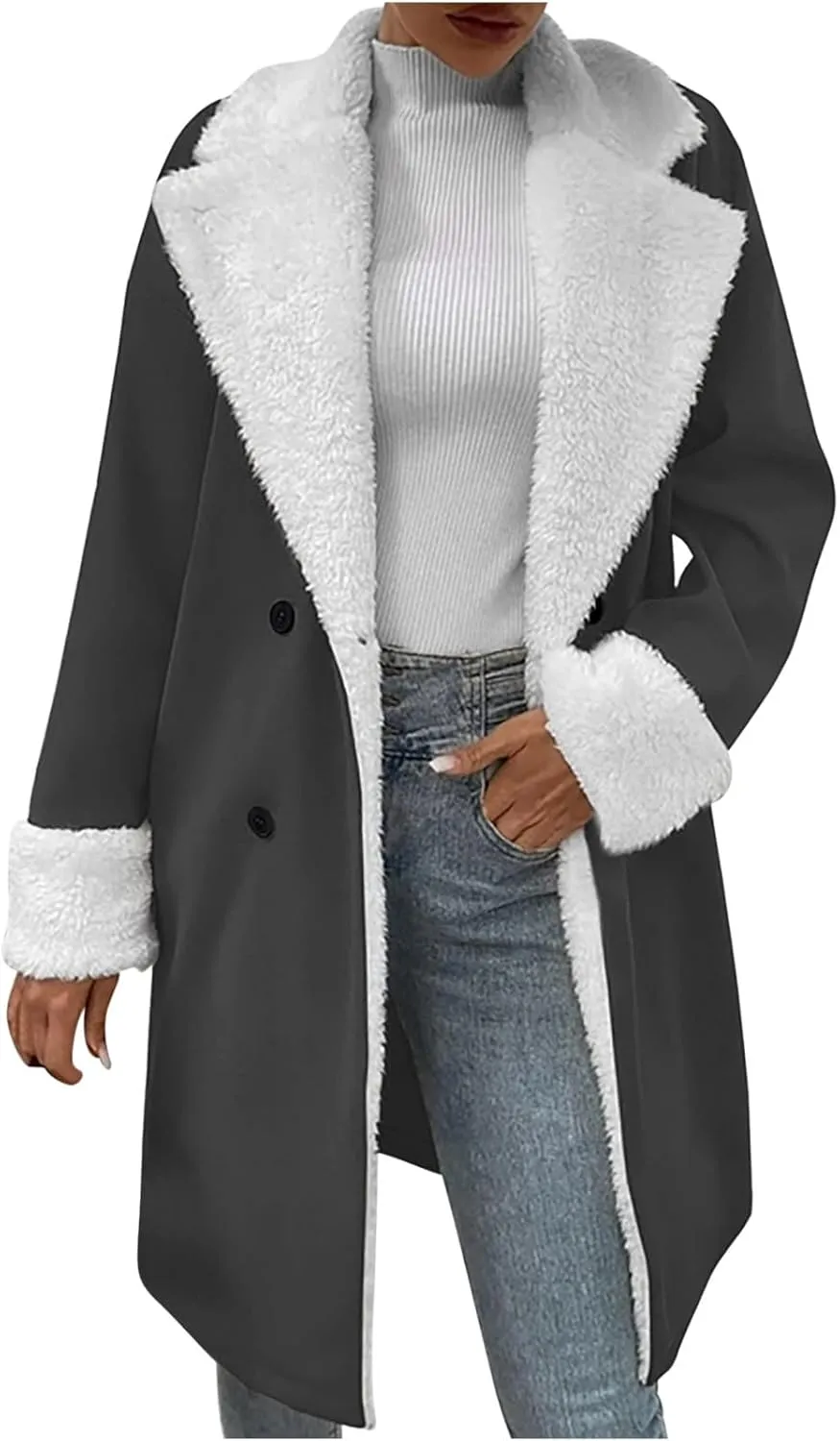 XUNRYAN Womens Trench Coats Long Sherpa Fleece Suede Jacket Notch Lapel Blazer Winter Warm Cardigan Anorak Parka Outerwear