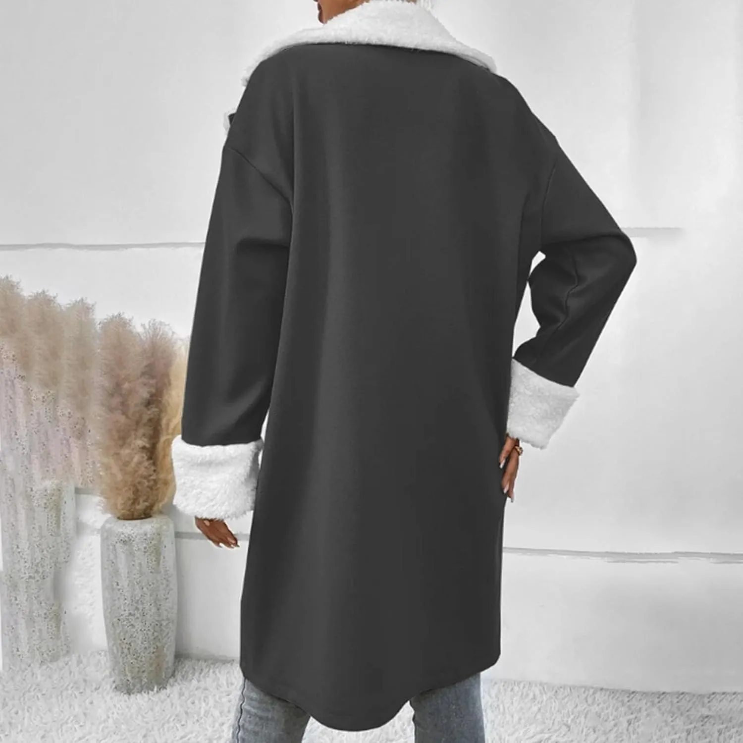 XUNRYAN Womens Trench Coats Long Sherpa Fleece Suede Jacket Notch Lapel Blazer Winter Warm Cardigan Anorak Parka Outerwear