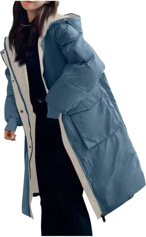 XUNRYAN Womens Winter Warm Down Coat Puffer Jackets Long Hooded Zip Up Jacket Thick Overcoat Anorak Parka Oversized Outerwear