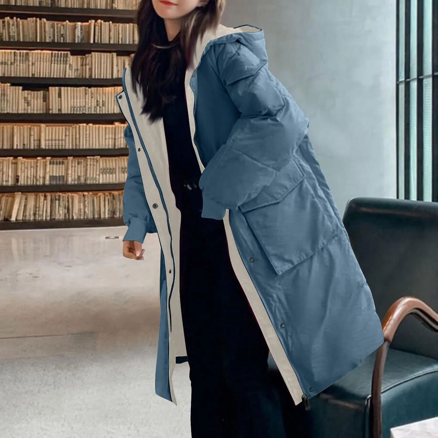 XUNRYAN Womens Winter Warm Down Coat Puffer Jackets Long Hooded Zip Up Jacket Thick Overcoat Anorak Parka Oversized Outerwear