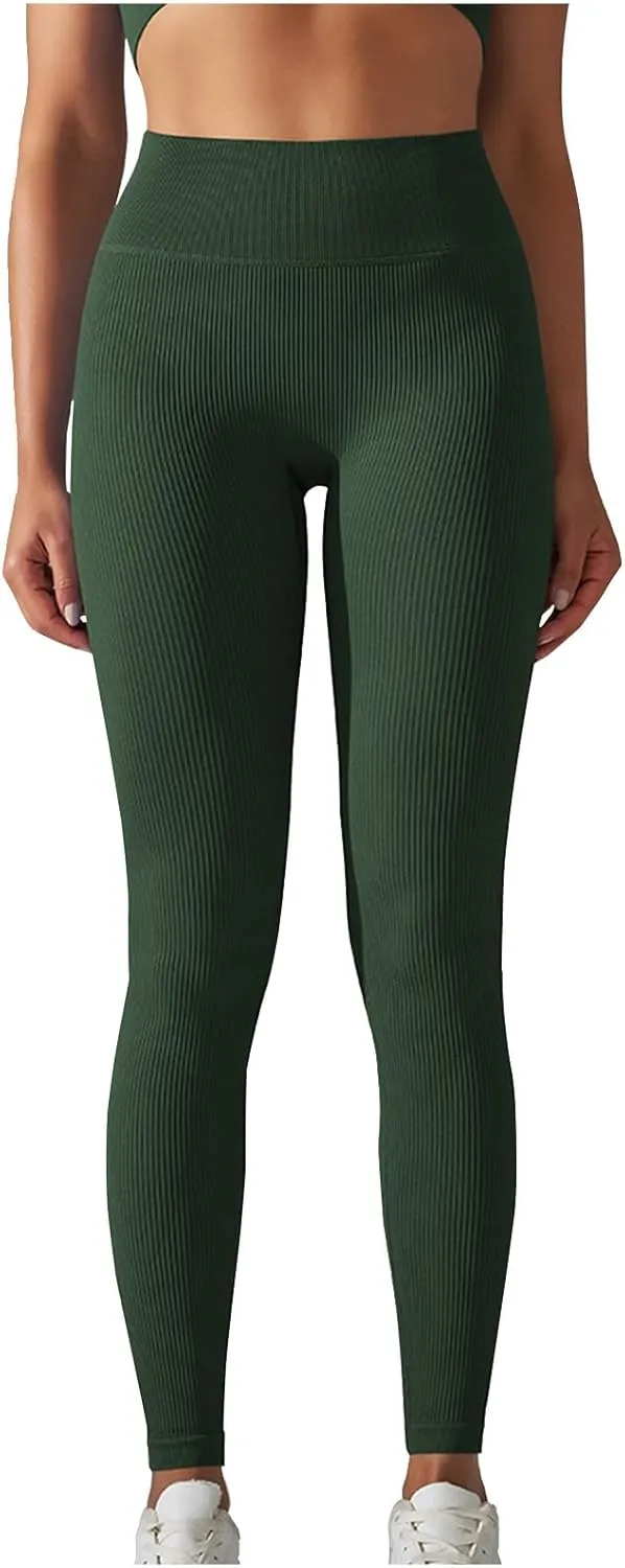 Yoga Leggings for Women High Waist Tummy Control Yoga Pants Ribbed Stretch Workout Leggings Compression Gym Tights